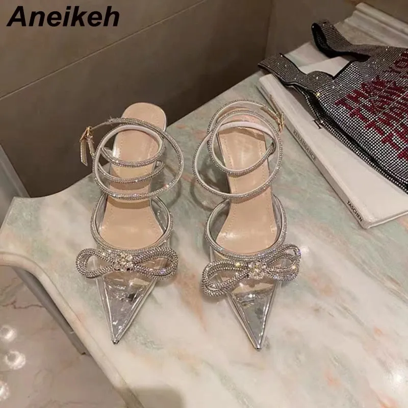Aneikeh Spring/Autumn 2023 Women&#39;s Shoes Fashion Butterfly-Knot Narrow Band Bling Patchwork Cross-Tied Crystal Pointed Toe Pumps