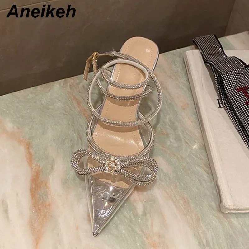 Aneikeh Spring/Autumn 2023 Women&#39;s Shoes Fashion Butterfly-Knot Narrow Band Bling Patchwork Cross-Tied Crystal Pointed Toe Pumps