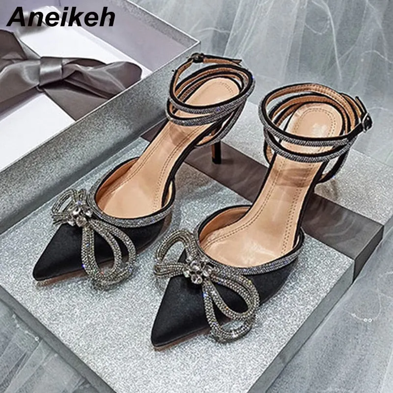Aneikeh Spring/Autumn 2023 Women&#39;s Shoes Fashion Butterfly-Knot Narrow Band Bling Patchwork Cross-Tied Crystal Pointed Toe Pumps