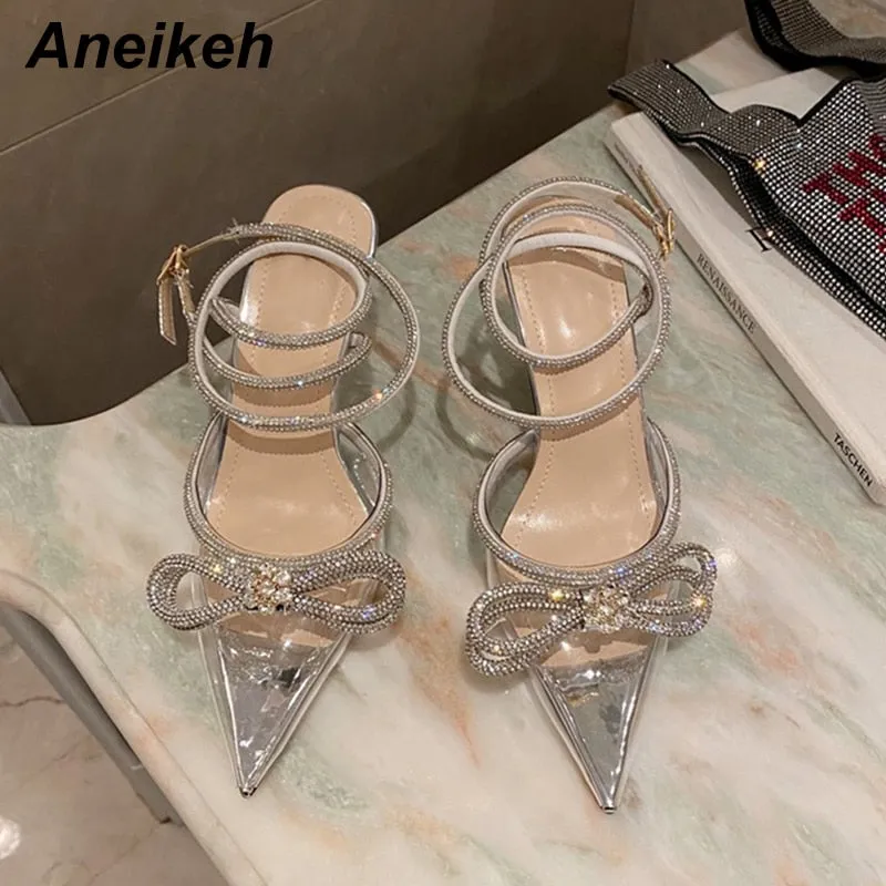 Aneikeh Spring/Autumn 2023 Women&#39;s Shoes Fashion Butterfly-Knot Narrow Band Bling Patchwork Cross-Tied Crystal Pointed Toe Pumps