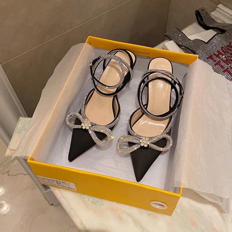 Aneikeh Spring/Autumn 2023 Women&#39;s Shoes Fashion Butterfly-Knot Narrow Band Bling Patchwork Cross-Tied Crystal Pointed Toe Pumps