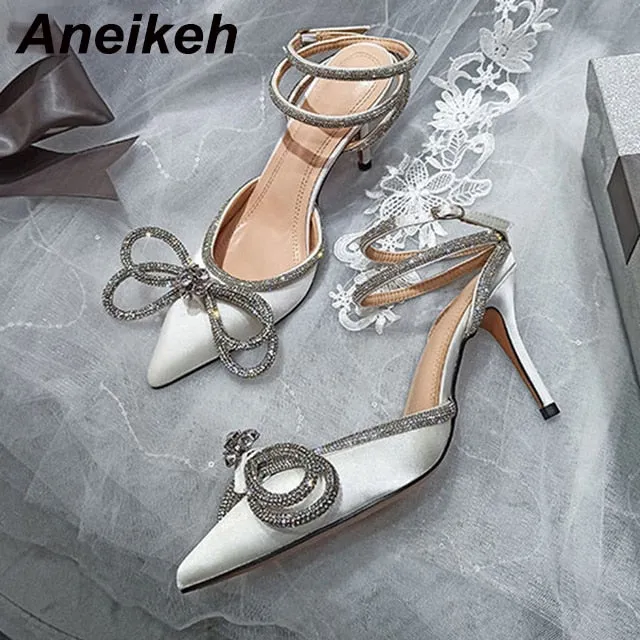Aneikeh Spring/Autumn 2023 Women&#39;s Shoes Fashion Butterfly-Knot Narrow Band Bling Patchwork Cross-Tied Crystal Pointed Toe Pumps