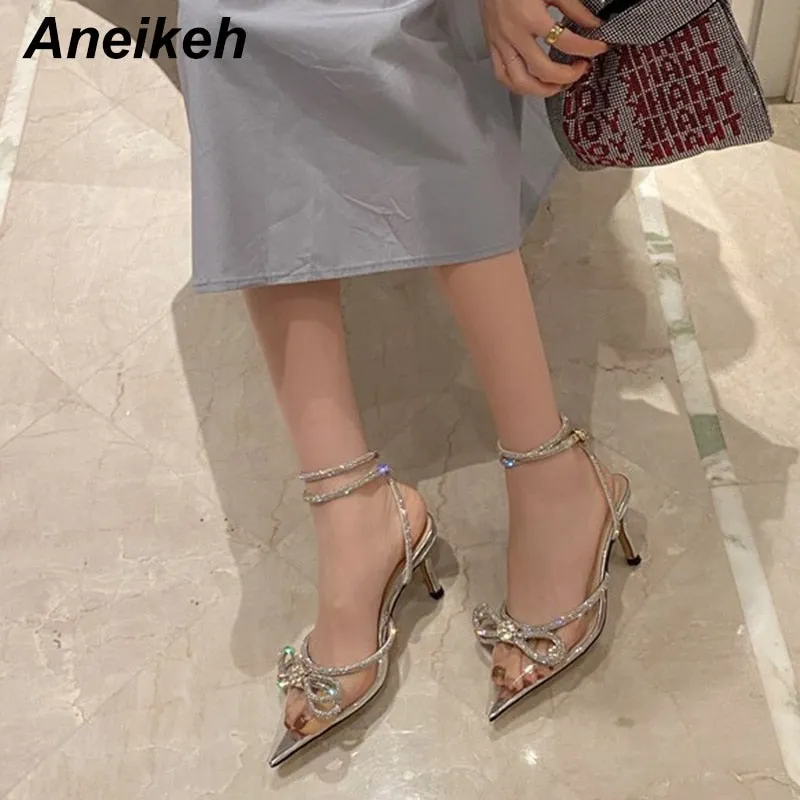 Aneikeh Spring/Autumn 2023 Women&#39;s Shoes Fashion Butterfly-Knot Narrow Band Bling Patchwork Cross-Tied Crystal Pointed Toe Pumps