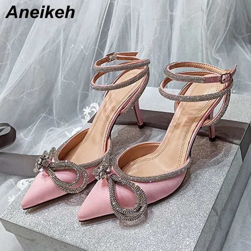 Aneikeh Spring/Autumn 2023 Women&#39;s Shoes Fashion Butterfly-Knot Narrow Band Bling Patchwork Cross-Tied Crystal Pointed Toe Pumps