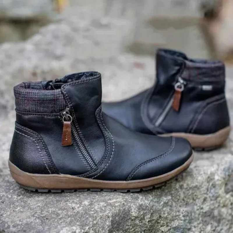 Belifi Winter Fashion Leather Patchwork Flat Zipper Martin Boots