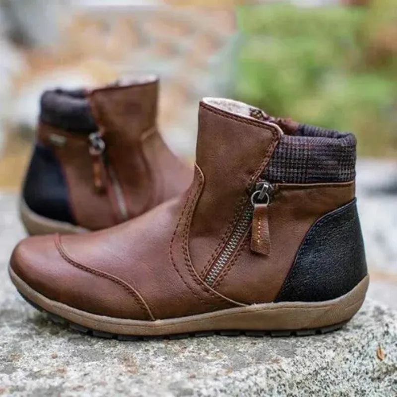 Belifi Winter Fashion Leather Patchwork Flat Zipper Martin Boots