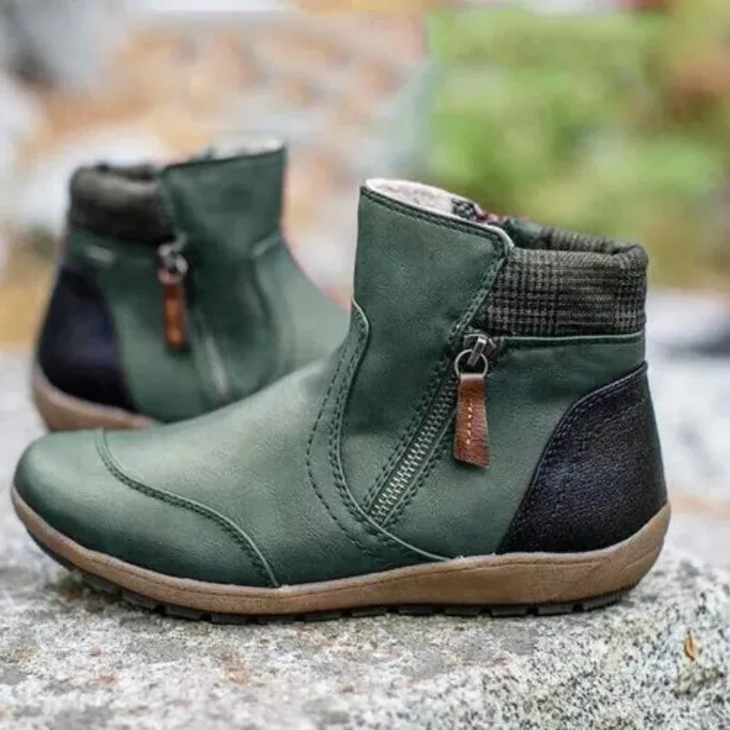 Belifi Winter Fashion Leather Patchwork Flat Zipper Martin Boots