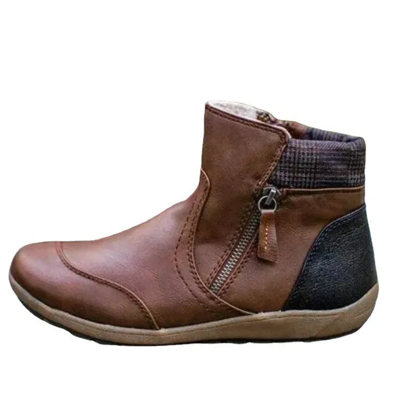 Belifi Winter Fashion Leather Patchwork Flat Zipper Martin Boots