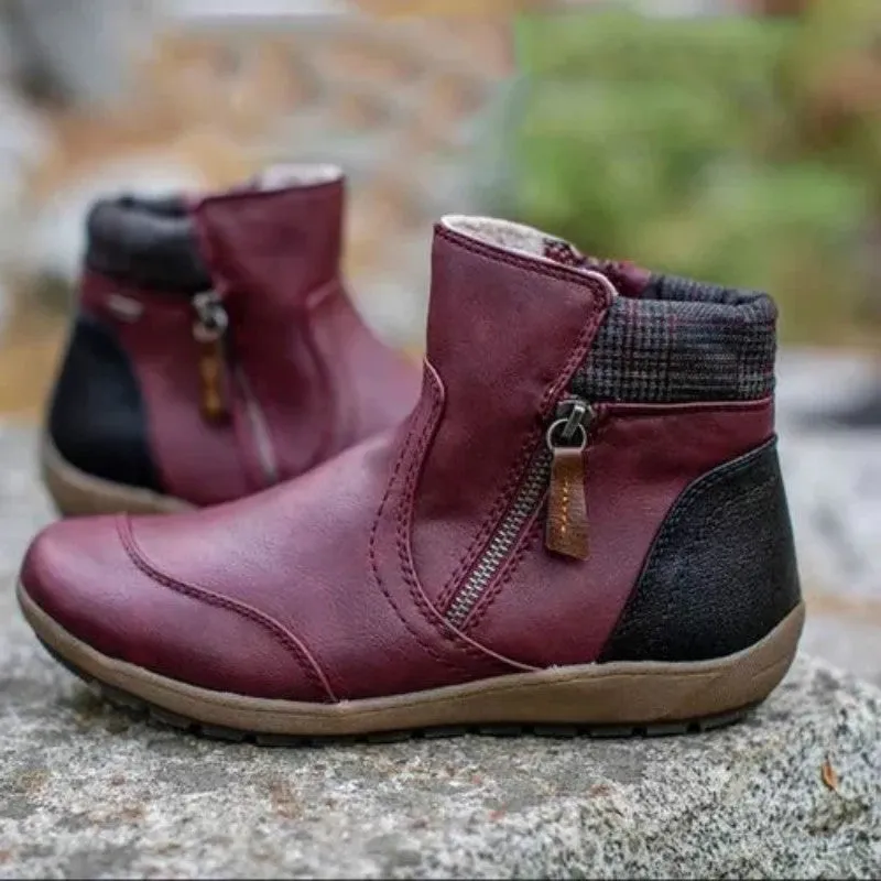Belifi Winter Fashion Leather Patchwork Flat Zipper Martin Boots