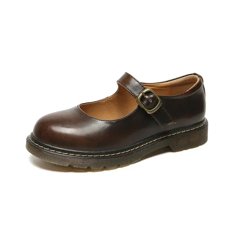Hnzxzm New College Single Shoes Magic Stickers Flat Summer Shoes Female Mary Jane Shoes Genuine Leather Lolita Vintage Shoes