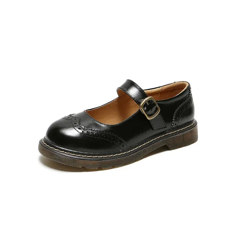 Hnzxzm New College Single Shoes Magic Stickers Flat Summer Shoes Female Mary Jane Shoes Genuine Leather Lolita Vintage Shoes