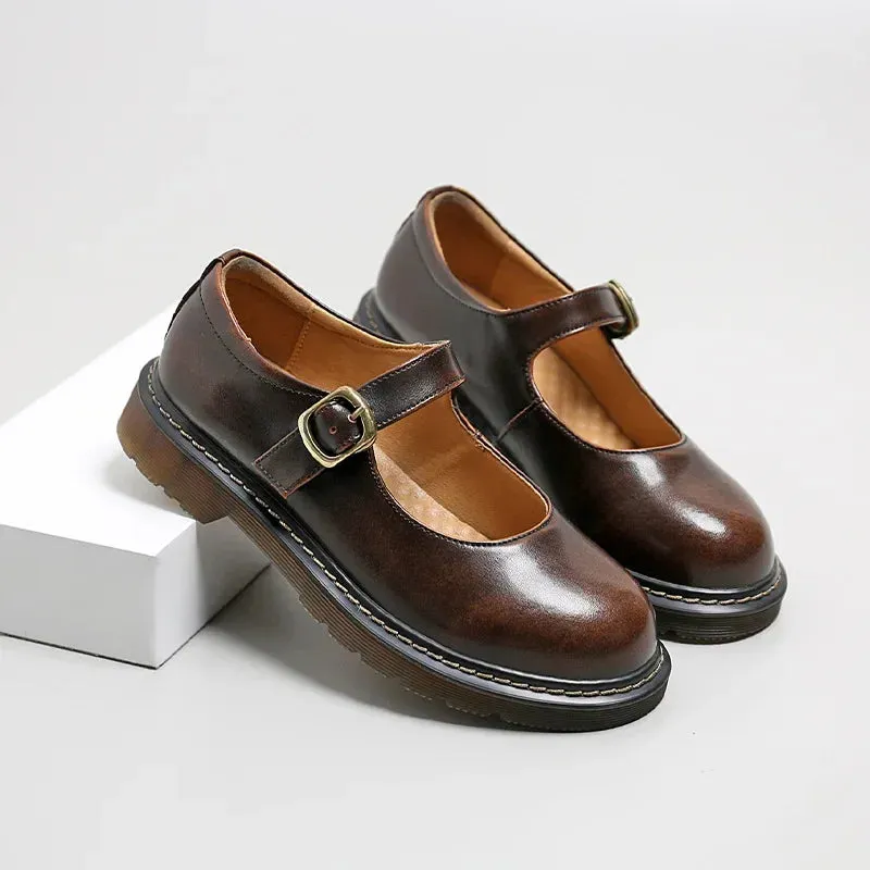 Hnzxzm New College Single Shoes Magic Stickers Flat Summer Shoes Female Mary Jane Shoes Genuine Leather Lolita Vintage Shoes
