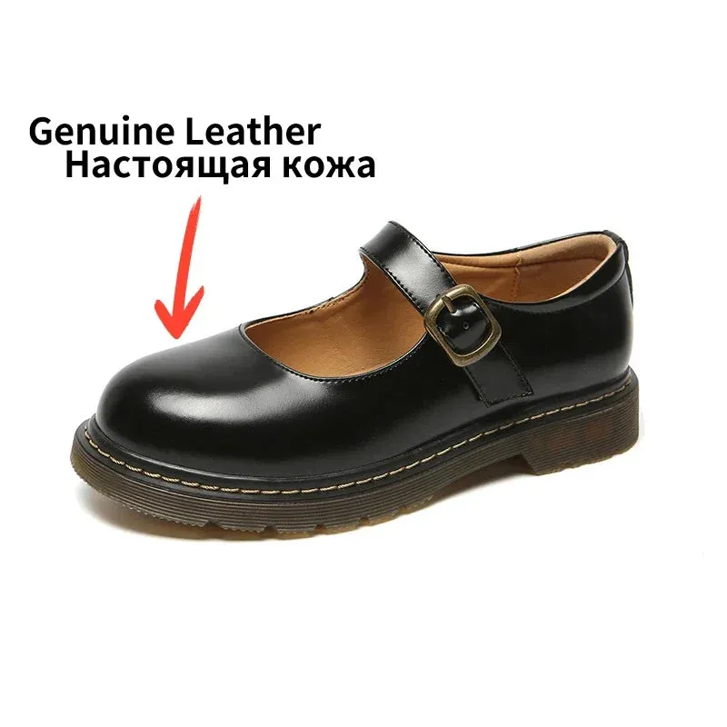 Hnzxzm New College Single Shoes Magic Stickers Flat Summer Shoes Female Mary Jane Shoes Genuine Leather Lolita Vintage Shoes