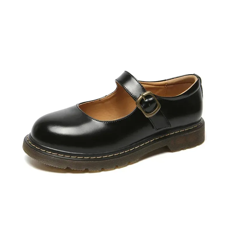 Hnzxzm New College Single Shoes Magic Stickers Flat Summer Shoes Female Mary Jane Shoes Genuine Leather Lolita Vintage Shoes
