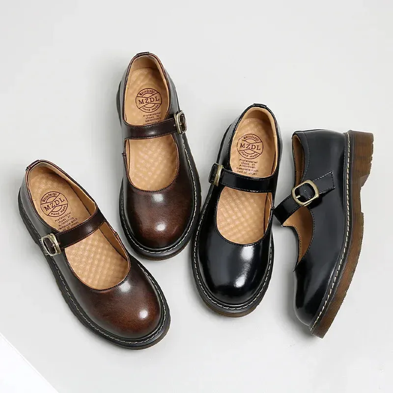 Hnzxzm New College Single Shoes Magic Stickers Flat Summer Shoes Female Mary Jane Shoes Genuine Leather Lolita Vintage Shoes