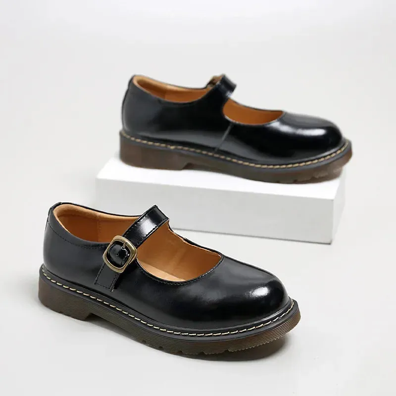 Hnzxzm New College Single Shoes Magic Stickers Flat Summer Shoes Female Mary Jane Shoes Genuine Leather Lolita Vintage Shoes