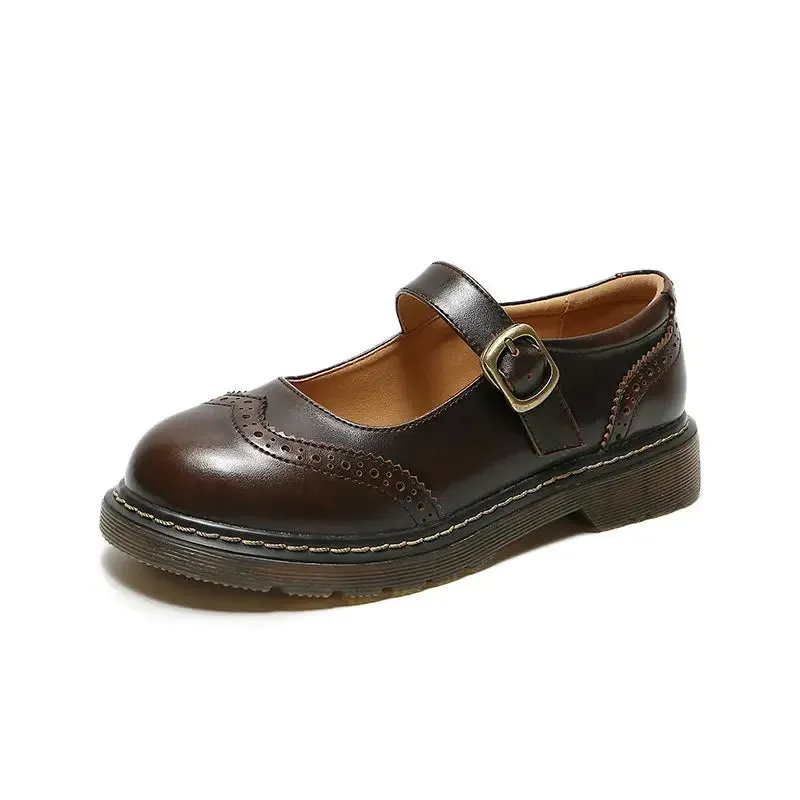 Hnzxzm New College Single Shoes Magic Stickers Flat Summer Shoes Female Mary Jane Shoes Genuine Leather Lolita Vintage Shoes