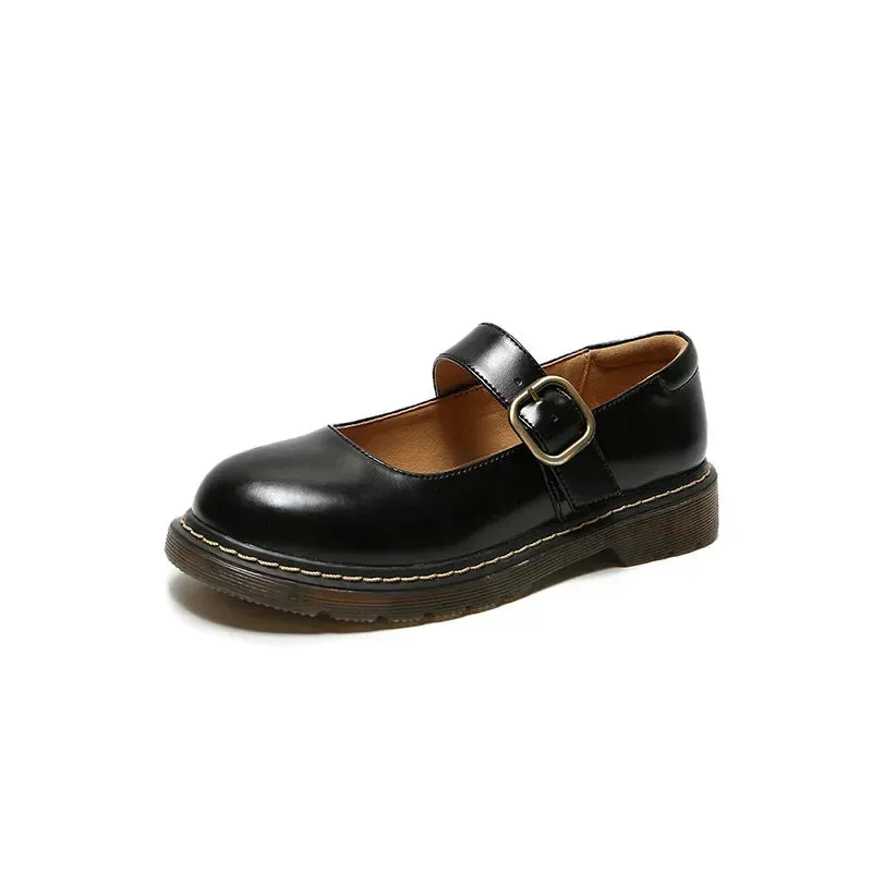 Hnzxzm New College Single Shoes Magic Stickers Flat Summer Shoes Female Mary Jane Shoes Genuine Leather Lolita Vintage Shoes