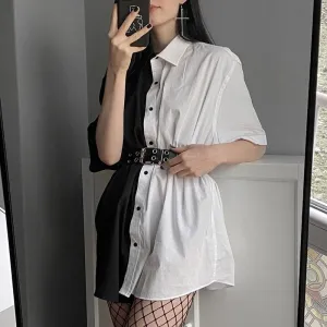 Joskaa Christmas Gift QWEEK Gothic Shirts Women Patchwork Button Up Blouse Summer Korean Style Short Sleeve Clothing Oversized Streetwear Vintage Chic