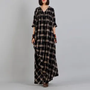 Oversized V-Neck Plaid Grunge Dress