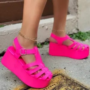 Purpdrank - Rose Red Casual Hollowed Out Patchwork Solid Color Round Mesh Breathable Comfortable Wedges Shoes (Heel Height 2.76in)