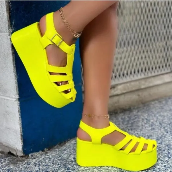 Purpdrank - Rose Red Casual Hollowed Out Patchwork Solid Color Round Mesh Breathable Comfortable Wedges Shoes (Heel Height 2.76in)