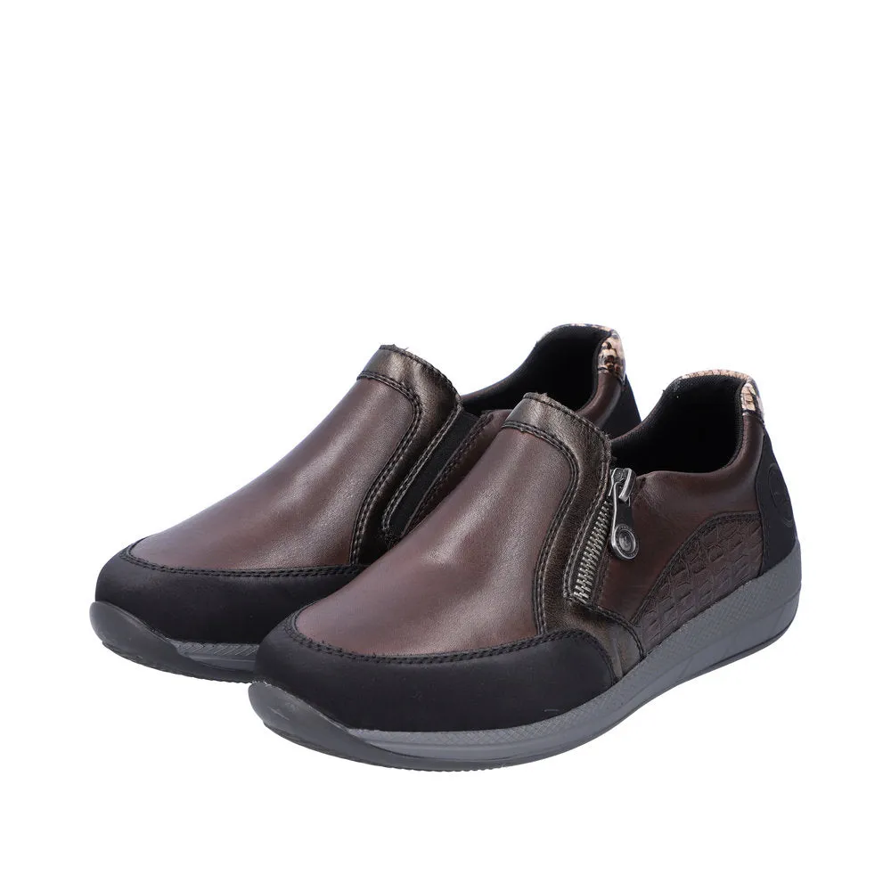Rieker N1151-90 Ladies Brown Leather & Textile Side Zip Shoes