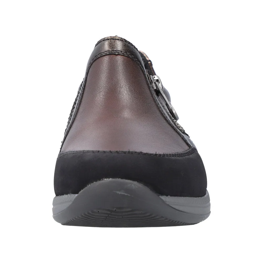 Rieker N1151-90 Ladies Brown Leather & Textile Side Zip Shoes
