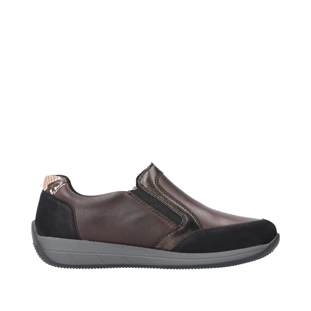 Rieker N1151-90 Ladies Brown Leather & Textile Side Zip Shoes
