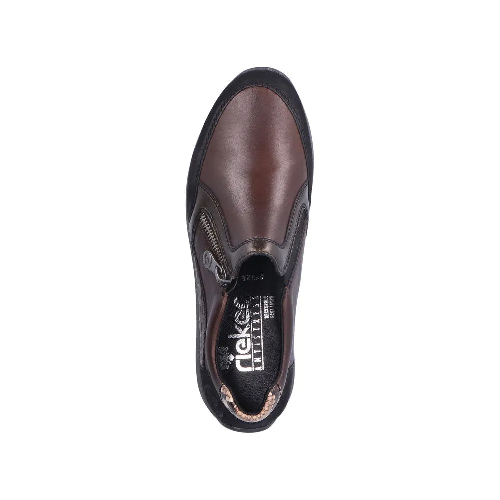 Rieker N1151-90 Ladies Brown Leather & Textile Side Zip Shoes