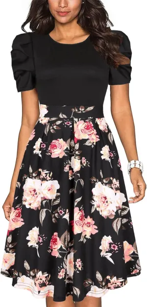 Vintage O-Neck Short Sleeve Knee Length Floral a Line Dresses for Women with Pocket